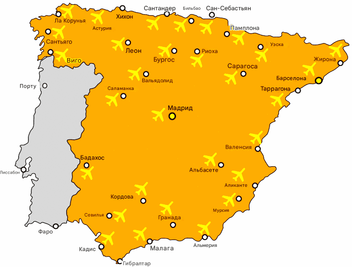 Карта Испании с аэропортами на русском языке