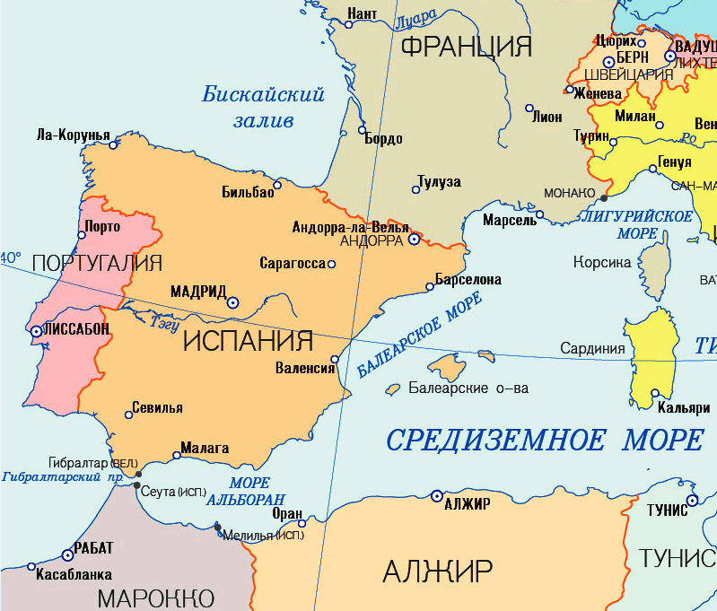 Карта Испании с морями