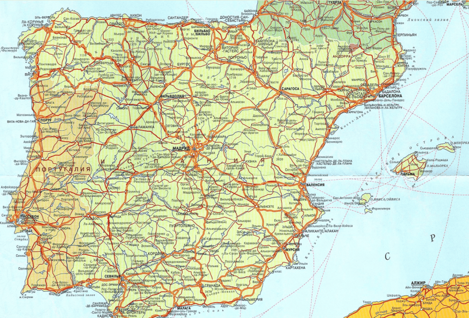 Карта Испании с дорогами