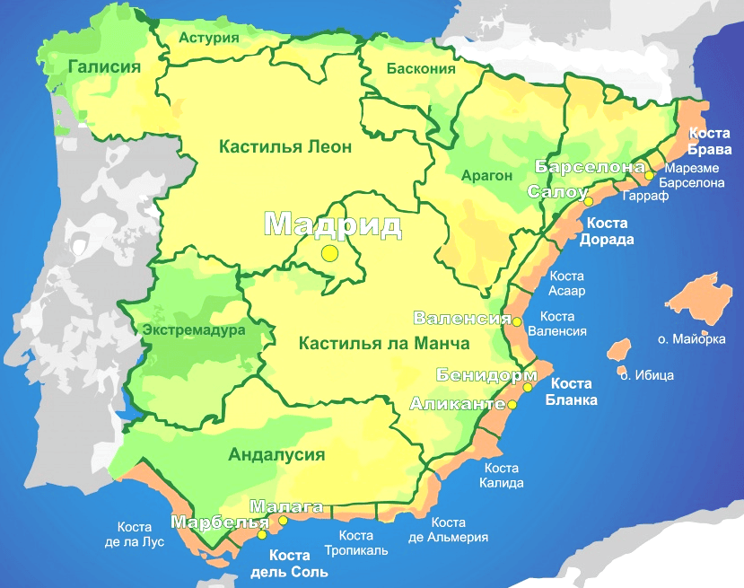 Карта побережья Испании с курортами